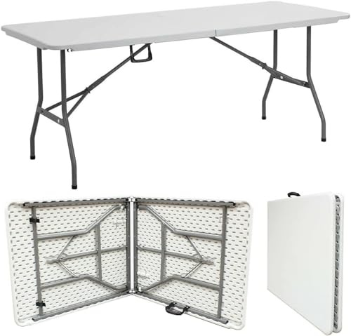 6ft Heavy Duty Folding Table - Ideal for Catering, Camping, Picnic, Party - Portable & Compact Trestle Table with Carry Handle - Indoor/Outdoor Dining, Garden, Market, BBQ - White