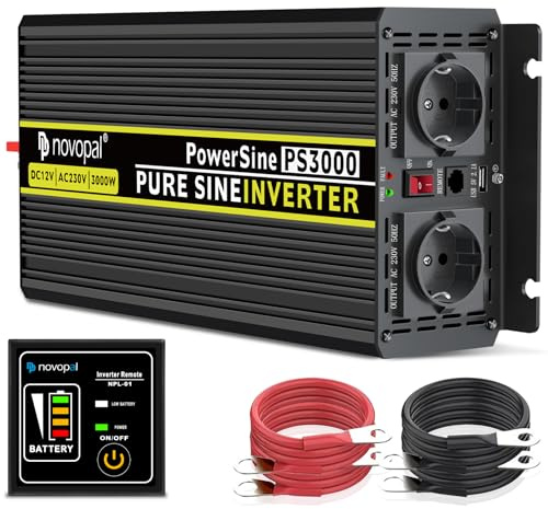 NOVOPAL 3000 W Ren sinus spänningsomvandlare – bilväxelriktare 12 V till 230 V omvandlare – inverterare med 2 EU-uttag och USB-port – inkl. 5 meter fjärrkontroll – toppeffekt 6 000 watt
