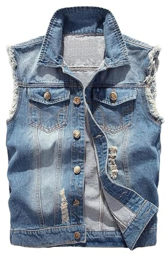 Momooda Homme Gilet en Jean Déchiré en Coton, Coupe ajustée, Veste Denim sans Manches décontractée en détresse, Bleu clair, X-Large