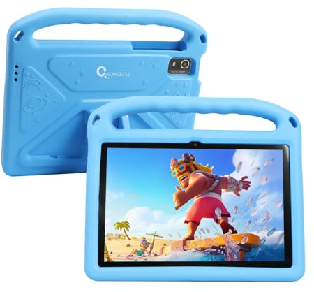 CWOWDEFU Android 14 Kinder Tablet 10 Zoll,Tablet für Kinder mit Family Link Kindersicherung,8GB+128GB bis zu 1TB,Octa-Core,WiFi 6,Tablets für Kleinkinder,Stoßfestes Eva Gehäuse,Face ID,Blau