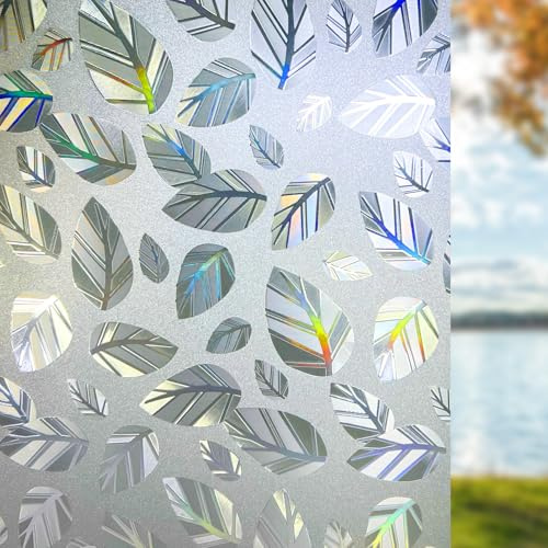 Qualsen Privacy Film for Glass Windows Stained Glass Window Film, 90x200cm | 3D Leaf Patterned Window Films with Tools, Rainbow Decorative Effect, Static Cling Anti UV, for Home Bedroom Office
