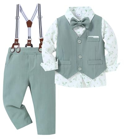 Amissz Baby Boy Wedding Suit Christening Clothes for Boys, Toddler Boy Birthday Outfit Blazers Set Long Sleeve Shirt + Suspender Pants + Waistcoat + Bow Tie (Light Green, 2-3 Years)
