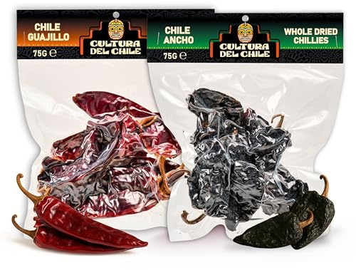 Paquete de chile seco entero mexicano. Guajillo 75 g y ancho 75 g (150 g en total) - Todo natural, calor suave a medio para un auténtico sabor mexicano. Ideal para tacos Birria, mole, tamales y salsa