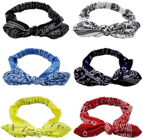 TRKETK 6 Pezzi Vintage Elastico Turbante, Stile Bohémien Elastico Stampato a Fiori Fasce per Capelli con Fiocco da Donna Retro Fascia Orecchio di Coniglio Accessori per Capelli per Ragazze e Donne