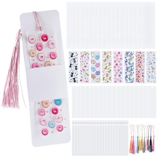 BEAMARKER 80Pcs Acrylic Bookmark Blanks Set DIY Bookmark Making Kit with Decorative Tassels and Stickers Butterfly Bee Cat Personalized Tags for Gifts School Party Favors