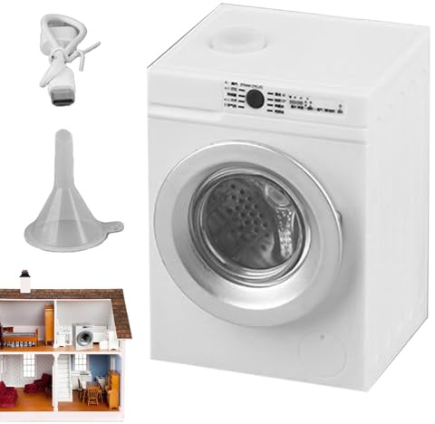 Miniature Washer Dryer - 1:12 Scale Play Appliance, Rechargeable Laundry Toy Set, Openable Lid Rotating Drum, Realistic Household Furniture, Kids Role Game Birthday Kit | for Child Pretend