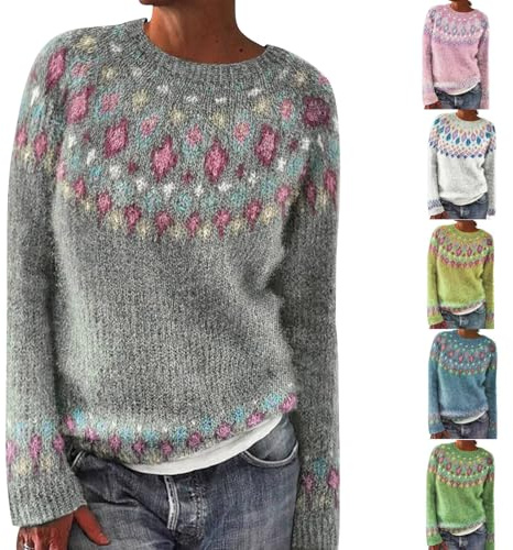 HUIFUAO Fair Isle Maglione Donna Plus Size Vintage Maglioni di Natale Trendy Norvegese Norvegese Islandese Maglieria Pullover Caldo Pullover Retro Grafica Felpe Manica Lunga Top, Z02 Rosa, 4XL