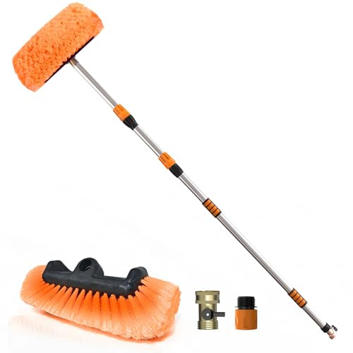 SISUPASSIE Cepillo para Lavar Coches de 3,6 m con Mango Largo, Cepillo de Limpieza para Coches Alimentado por Agua con Poste Telescópico, Cepillo Antirrayas de Cerdas Suaves de 30 cm para Coches