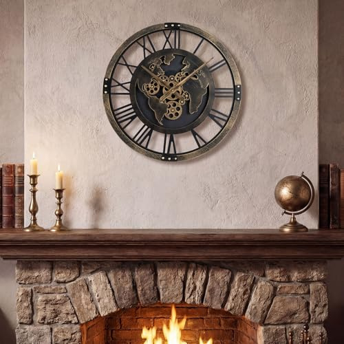 Goplus Large Wall Clock, 27 Gear Clock with World Map, Non-Ticking Decorative Metal Clock with Moving Gears, Battery-Operated Vintage Wall Decoration for Living Room Bedroom Kitchen, Brown