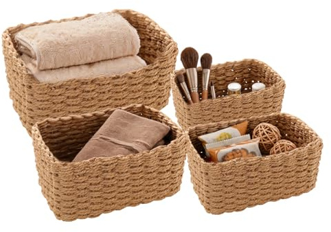 Juego de 4 Cestas de Almacenamiento Trenzadas, Cestas Apilables de Cuerda de Papel, Cestas Organizadoras Rectangulares para Baño, Cocina, Oficina, Salón, Habitación Infantil, Estanterías, Regalo