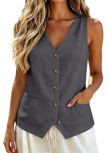 Gilet Donna Cotone,Camicetta da senza maniche con bottoni,tinta unita, estiva,da spiaggia classica canottiera,lino casual stile estivo camicetta a tunica,per lavoro, vacanze, senza maniche, blazer