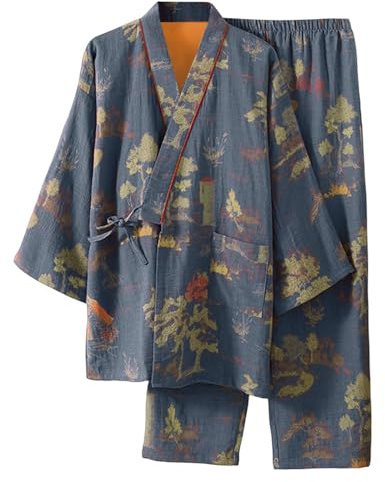 Générique 2027-japonais Hanboki Homme Tenue détente Ensemble Cravate Ample Maison Printemps (Grey, XL)