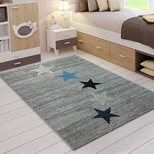 VIMODA Teppich Modern Schwarz Grau Türkis Kurzflor Stern Muster, Maße:200x290 cm