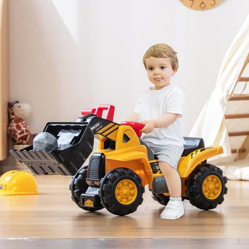 COSTWAY Coche Correpasillo Excavadora para Niños, Camión de Juguete con Cubo Ajustable, Sonidos de Camión y Claxon, Espacio de Almacenamiento Bajo el Asiento, Auto de Excavadora para Niños de 3+ Años