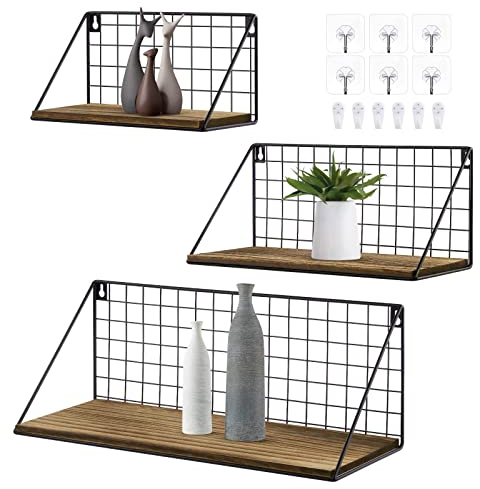 Firbon Floating Shelves Wall Mounted Set of 3, Rustic Metal Wire Grid and Wood Storage Shelves Sturdy Display Racks Home Decoration for Living Room, Office, Bedroom, Bathroom, Kitchen