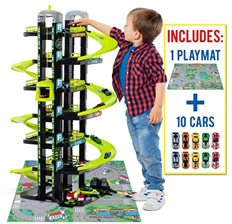 MOLTO | Parking Vert de 7 étages avec Garage, rampes, buanderie, Ascenseur, Station-Service et Zone grasse | Comprend 10 Voitures et tapisseries | Jouets éducatifs pour Enfants | + 3 Ans