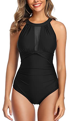 Women High Neck Tummy Control One Piece Swimsuit Swimming Costume Black,XL