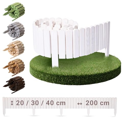 BOOGARDI Beeteinfassung Holz · Rasenkante in 18 Designs · Weiß 20 cm hoch x 200 cm lang · Beetbegrenzung Steckzaun Beetumrandung Rollzaun Beet Zaun Holzzaun Garten