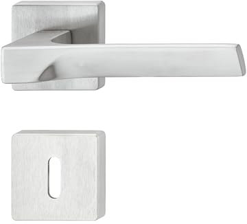 Gedotec Door Handle Set Made of Metal, 1 Piece Rosette Fitting Square Including Mounting Material, LDH 3205, Door Handle Matt Chrome, Door Fitting for All Doors, Deadlock, Profile Cylinder - Bathroom