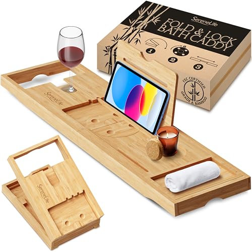 SereneLife Badewannenablage Holz – Bathtub Tray – Wasserdichte Badewannentisch als Badewannen Zubehör Wellness, Badewannen Tisch ausziehbar 70-105 cm, Badewannenauflage mit Getränkehalter & Buchstütze