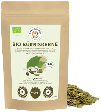 Graines de citrouille bio 500g par Munchilycious, graines de citrouille crues et pelées à manger, collations aux noix, céto, garniture parfaite pour céréales, granola ou porridge