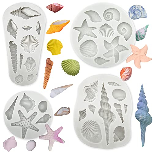 Paotxpum 4 PCS Marine Theme Cake Fondant Silicone Mold Seashell Conch Starfish Baking Molds, for Theme Cake Cookie Chocolate Candy Decoration Fondant Polymer Clay