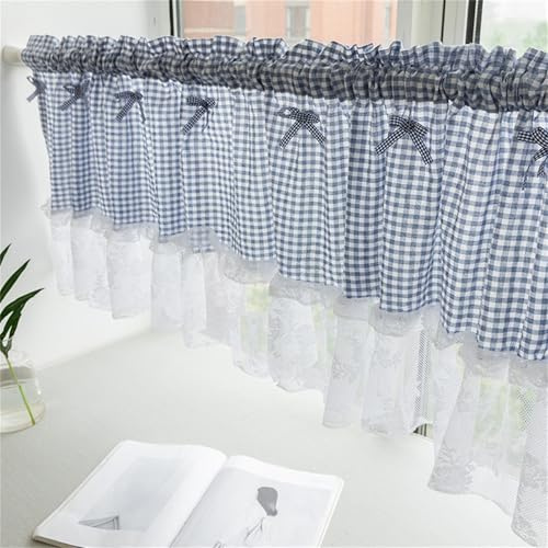 Rideau brise-bise - Style maison de campagne - Style bohème - Court - Vintage - Dentelle - Crochet - Avec dentelle - Style maison de campagne - Petit rideau de cuisine (bleu, 1 pièce, l 100 x H 45 cm)