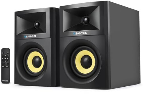 Sanyun SW205 4 Bookshelf Speakers | Immersive HiFi Audio with Virtual Surround | Flagship DAC/DSP Engine | Geometric Diffusion Cabinet | 80W, Bluetooth 5.4/Optical/AUX Inputs, Wireless Remote, Black