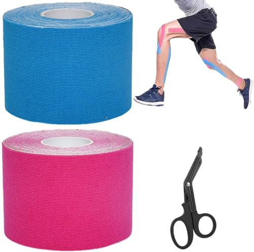 2 rullar kinesiologitejp 5 cm x 5 m - Hudvänlig vattentät elastisk fysioterapitejp och kinesiotejp för knä, armbågar och axlar - blå rosa med gratis sax