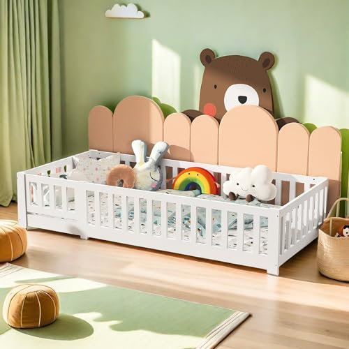 Lit de sol pour enfant 90 x 200 cm, Lit Montessori au Sol en Bois Massif Pin avec Protection Contre Les Chutes et sommier à lattes, Lit à barreaux pour Garçons et Filles, Blanc
