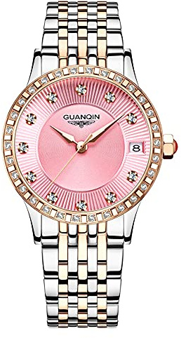 Guanqin Montre-bracelet mécanique vintage pour femme avec calendrier lumineux et remontage automatique en cristal saphir et strass - Étanche - Design élégant - En acier inoxydable, Gqgj16187 Rose