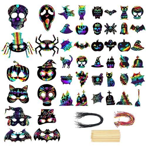PYSEOSISE Halloween Papier a Gratter pour Adultes, 48 Pièces Regenbogen Cartes à Gratter avec Rubans pour Adultes