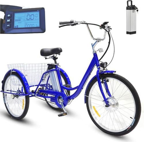 Tricycle électrique pour adultes, vélo tricycle 24 pouces, avec batterie 36 V 12 Ah, autonomie de 35 à 40 km, capacité de charge de 150 kg, scooter d'exercice et de courses pour personnes âgées, Blu