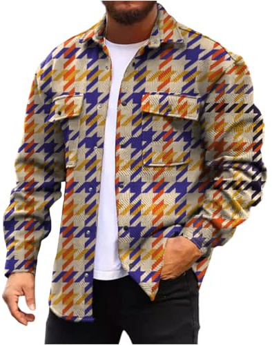 Mfhmom Giacca Shacket Uomo Vintage Camicia Giacca a Quadri Plaid Overshirt Uomo Militare con Bottoni Tasche Casual Moda Autunno Inverno Lavoro Viaggio Cappotto