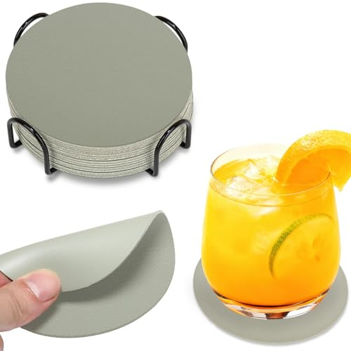 HELI MIAO 16 Stück Untersetzer Gläser, Doppelseitige Glasuntersetzer aus Kunstleder – Rund, rutschfest & hitzebeständig – Inkl. Aufbewahrungsständer (10cm, Salbeigrün) – Für Tisch, Bar, Outdoor