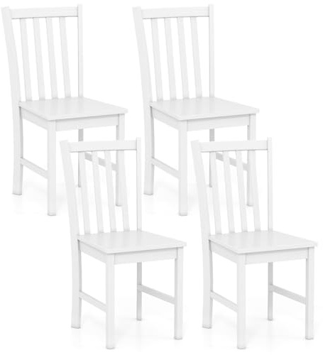Giantex Wooden Dining Chairs Set of 4, 100% Solid Rubber Wood Kitchen Chair with Curved Backrest, Wide Seat, Mid-Century Modern Armless Side Chairs for Dining Room Living Room Restaurant, White