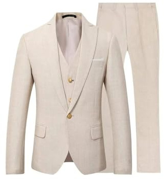 AMEEDA Vestito Uomo Elegante Completo Completo da uomo in lino beige/blu, 3 pezzi, monopetto, slim fit, blazer, gilet, pantaloni, elegante, estivo, spiaggia, for matrimonio(Beige,L(EU50 or US40))