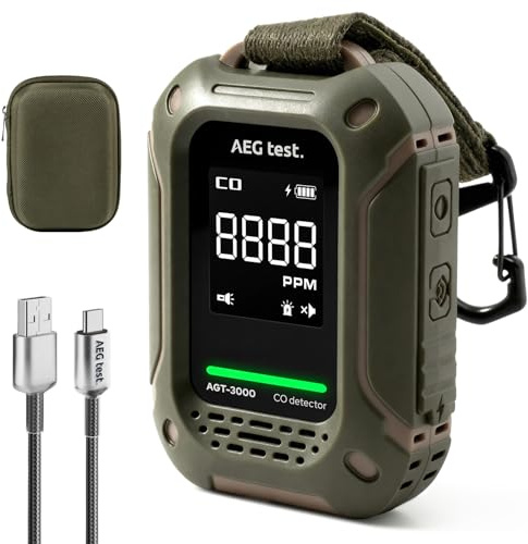 AEGTEST AGT-3000 Rilevatore portatile di monossido di carbonio, standby 240 h, sensore CO aggiornato per viaggi, rilevatore CO ricaricabile con allarmi sonori e visivi per campeggio, 0–1000 ppm