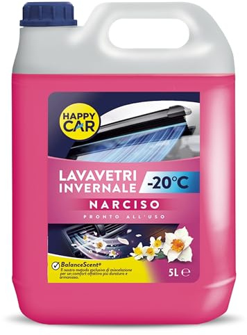 Happy Car Liquido Lavavetri Auto Invernale -20°C Narciso 5L - Tecnologia BalanceScent®, Azione Sgrassante Antigelo, Profumato e Pronto all’Uso - Rimuove Sporco, Smog e Traffic Film