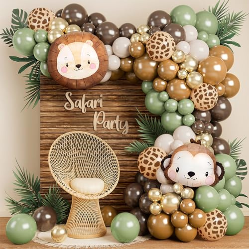 Jungle Safari Balloon Garland Arch Kit, 104pcs Birthday Balloons Set with Tiger and Monkey Foil Balloons for Safari Birthday Wedding Shower Party Decorations