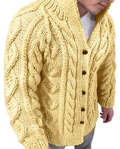 Caxndycing Chaqueta de invierno para hombre de mezcla de lana, cárdigan de punto con cierre de botones y bolsillos, punto fino con cuello en V, patrón trenzado, suéter de punto grueso, L