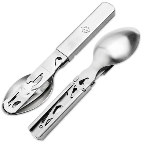 NATURENSÖHNE® Camping Set - Edelstahl Campingbesteck 4-teilig robust - Light-Weight Feldbesteck mit Flaschen- & Dosen-Öffner - mit Messer inkl. Wellenschliff, Gabel & Löffel - leichtes Outdoor-Besteck