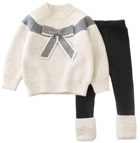 Genérico 2026 Conjunto de Dos Piezas para Niña Suéter de Punto con Cuello Cárdigan y Leggings Decorados con Pajarita Ideal para Uso Diario y Otoño-Invierno Edad 2 a 7 Años