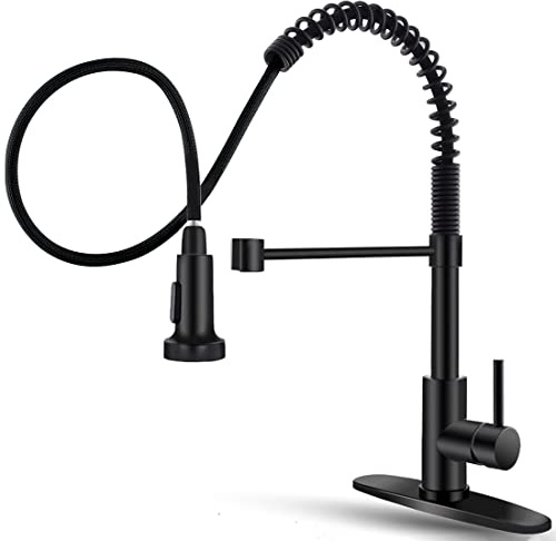 Kitchen Faucet with Pull Down Sprayer, Commercial Spring Single Handle High Arc Kitchen Sink Faucet, 360° Swivel, Black, Fits 1 or 3 Hole, Farmhouse & Modern Style OWOFAN 9009R