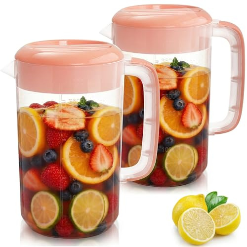 Jucoan 2 Pack 1 Gallon /4L Large Plastic Round Pitcher with Pink Cover Clear Water Jug Carafe Juice Mixing Pitcher with Comfortable Handles Measurement Perfect for Ice Tea, Lemonade Beverage