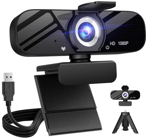 Tewiky Full HD Webcam with Built-in Microphone and Rotatable Tripod, 1080P Video and Wide Angle Camera, Privacy Cover, for Desktop PC or Laptop Computer