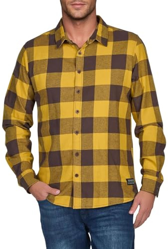 riverso RIVArne - Camisa de Manga Larga para Hombre, Corte Normal, a Cuadros, Color Gris, marrón, Amarillo, Rojo, Verde, S - 5XL, 100% algodón, Olive Yellow 10400, S