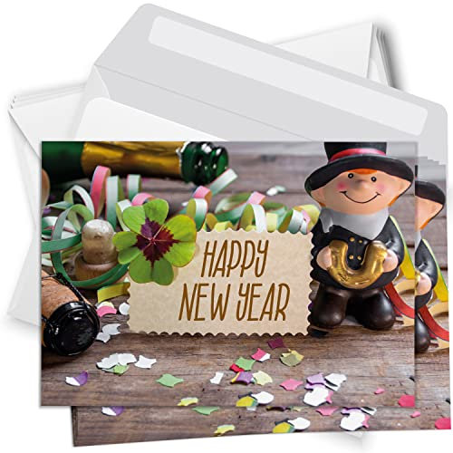 Einladungskarten Manufaktur Hamburg 10 Neujahrskarten mit Umschlag - Frohes Neues Jahr - Motiv Happy New Year - Silvester Neujahr Postkarten Karten Grußkarten