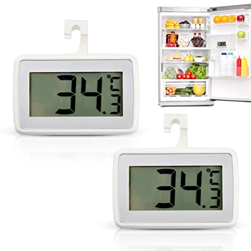 Fridge Thermometer, 2 Pack Digital LCD Display Refrigerator Thermometer Readable Fridge Freezer Thermometer Waterproof Hanging Standing Placement Modes Thermometer for Indoor Outdoor Cafes (White)