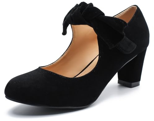 LIURUIJIA Women's Bow Mary Janes Block Chunky Heels Pumps Ankle Strap Dress Shoes Wedding Evening Party Black Suede US 8